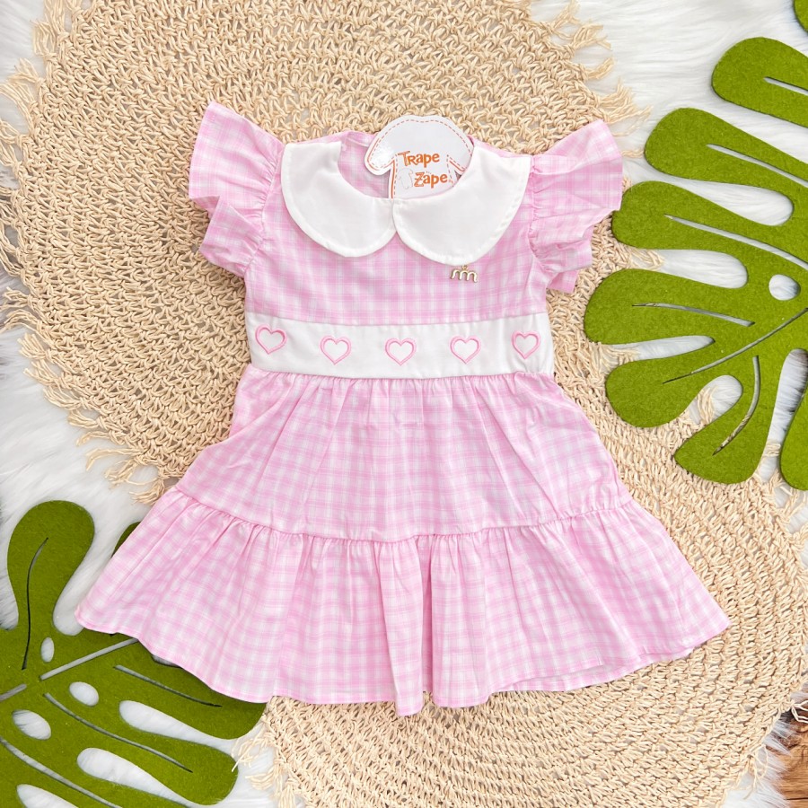 Vestido Xadrez com Corações Bordados - Rosa